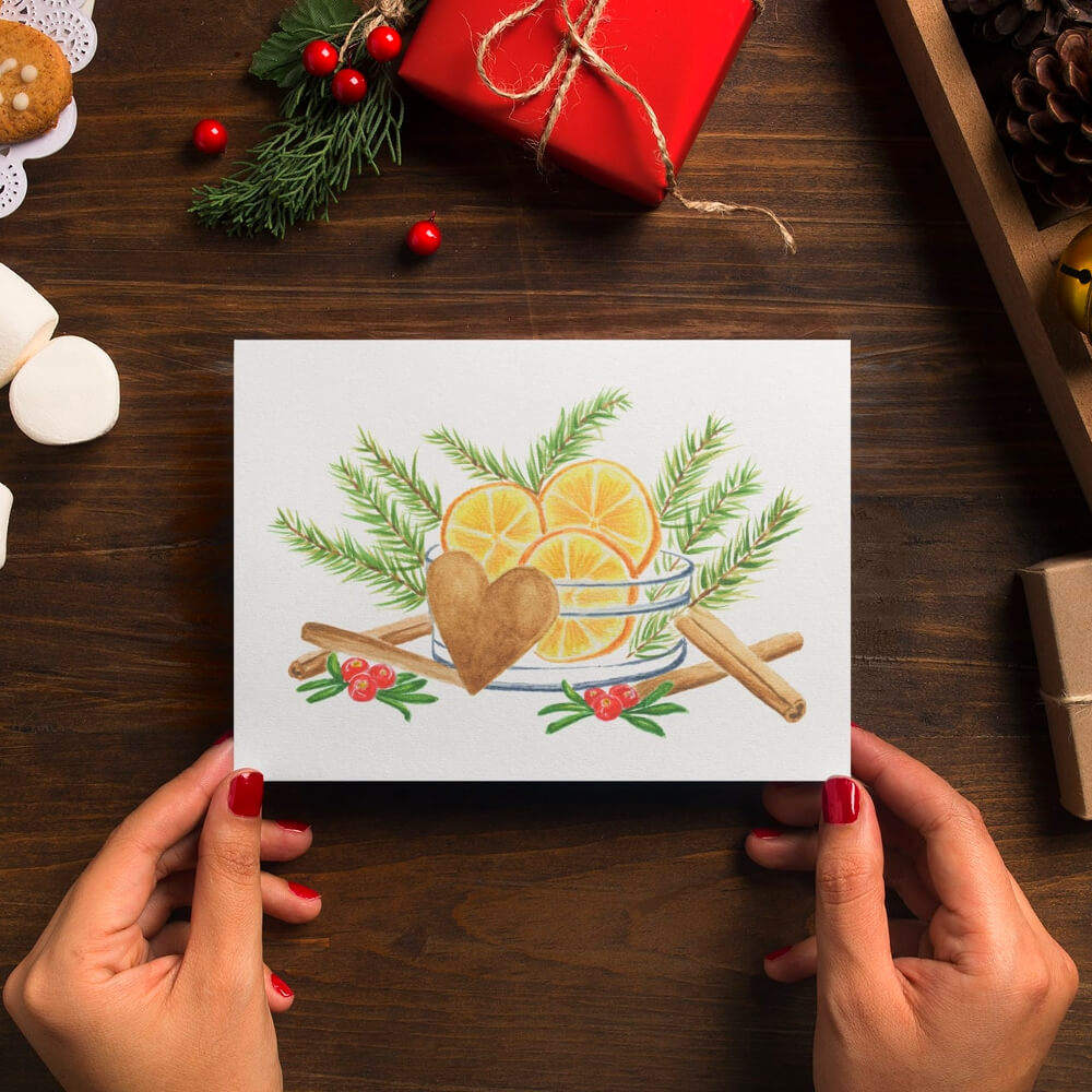 joulukortti-joulun tuoksut-jouluisia-mausteita-kaneli-piparkakku-karpalo-appelsiini