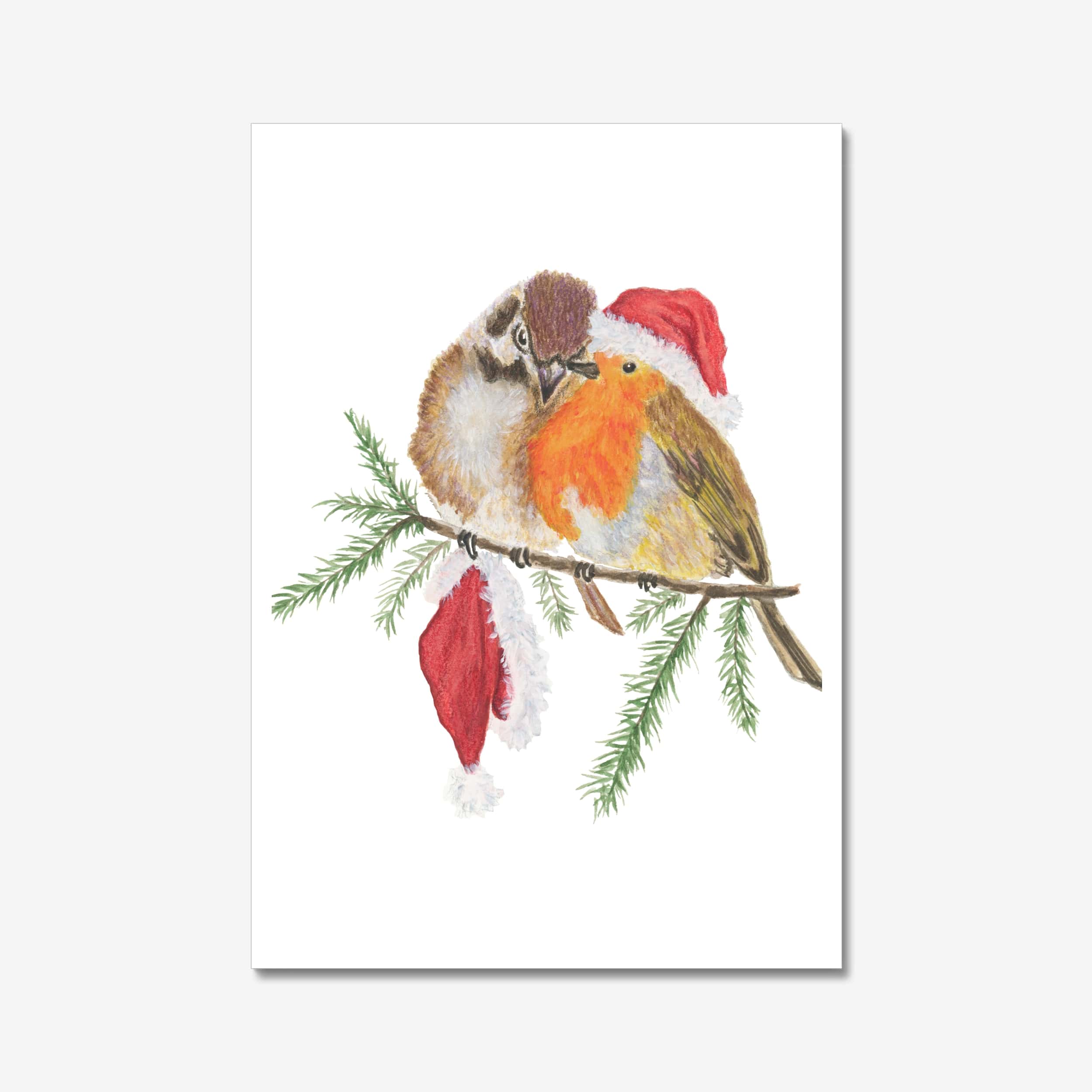 aiteellinen akvarellijoulukortti, jossa varpunen ja punarinta istuvat havupuun oksalla – romanttinen suomalainen joulukortti